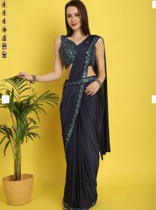 Ready to wear Navy Blue Saree with stitched blouse