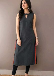 Sleeveless Grey Kurta with Orange Trim