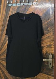 H&M Solid Black Curved Hem Long Fit T-Shirt