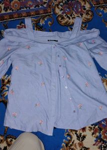 Blue Cold Shoulder Embroidered Shirt