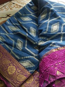 Beautiful Blue Saree with Gold &amp; Pink Border