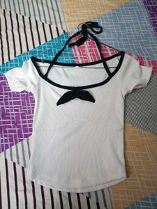Cute White Ribbed Top with Black Bow