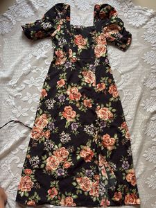 Black Floral Puff Sleeve Midi Dress