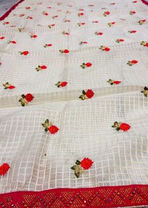 Cream Floral Embroidered Saree with Red Blouse