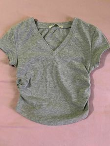 Grey V-Neck Ruched Crop Top