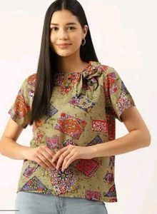 Boho Print Tie-Neck Top