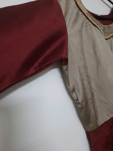 Tafetta Silk Long Kurti Gown Maroon Gold Wedding