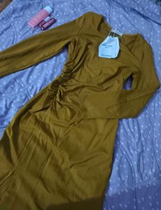 Mustard Yellow Ruched Midi Dress
