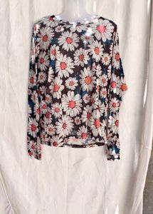 I. Daisy Print Sheer Long Sleeve Top