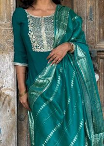 Libas Teal Kurta Set with Gold Embroidery