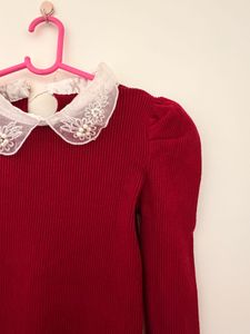 maroon Knit Dress with Lace Collar