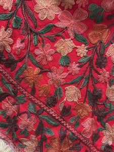 Red Embroidered Poncho with Fur Trim