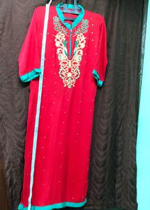 Embroidery Cotton Red kurti designer Rhinestone