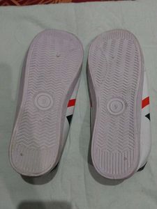 White Sports Shoes with Red &amp; Black Stripes