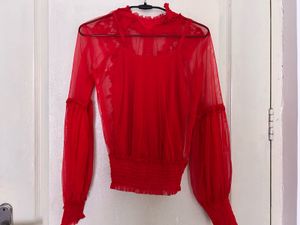 Red Sheer Blouse with Puffed Sleeves