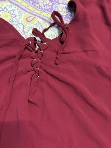 Maroon Lace-Up Flutter Sleeve Top