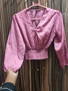 Chic Smocked Waist Pink Blouse