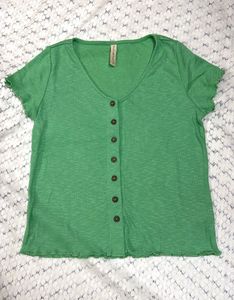 Green Ribbed Button-Up Top