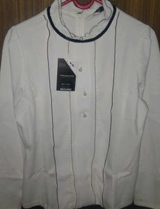 White Satin High Neck Top | Pearl Button Detail