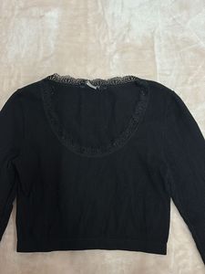 Black Cropped Long Sleeve Top with Lace Trim