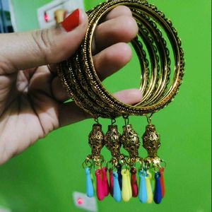 Golden Bangles with Colorful Tassels