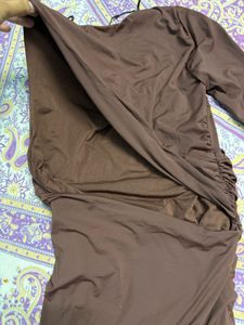 Brown Ruched One-Sleeve Dress