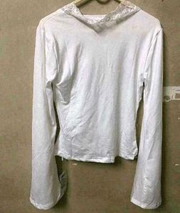 White Lace Trim V-Neck Long Sleeve Top