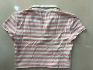 Pink Striped Polo Crop Top