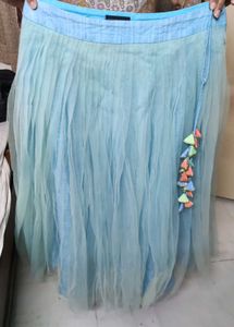 Sky Blue Embroidered Kurti And Skirt Set