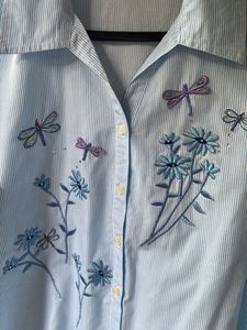 Light Blue Striped Dragonfly &amp; Flower Blouse