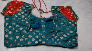 Red &amp; Teal Saree With Blouse