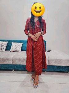 maroon Printed Kurta with Embellished Neckline