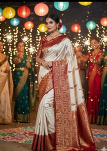Elegant Cream & Red Silk Saree