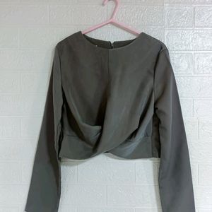 Olive Green Twist Front Long Sleeve Top