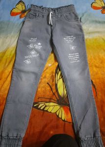 New Grey Denim Jeans with Cute Butterfly Print