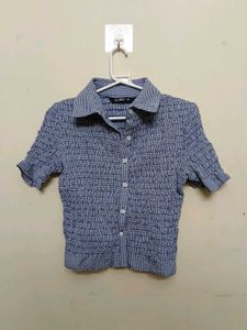 Smocked Gingham Button-Up Top