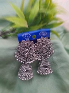 Oxidised Silver Jhumka Earrings (Set of 2 Pairs)