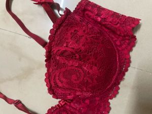 Beige Ribbed Crop Top &amp; Red Lace Bra Set