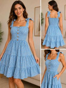 Blue and white checkered printed dress
