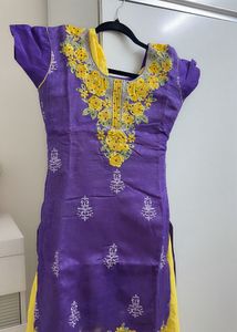 Purple &amp; Yellow Embroidered Patiala Kurta Set