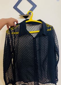 Black Sheer Polka Dot Mesh Shirt Top