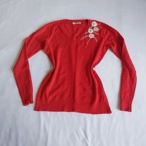 Elegant Red V-Neck Embellished Sweater🌷