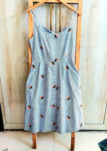Chic Blue Striped Floral Summer Dress Size-28