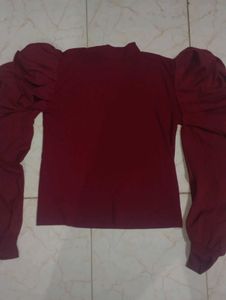 Maroon Puff Sleeve Mock Neck Top