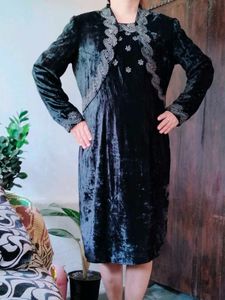 Velvet Black With Silver Design Formal Dress