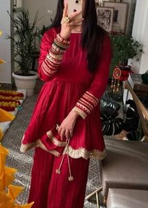 Red Kurta Set with Embellished Sleeves