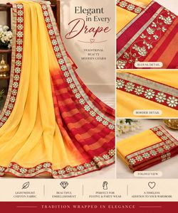 Elegant Yellow & Red Saree with Embellishments 🔥