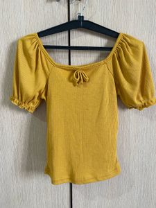 Yellow Puff Sleeve Ribbed Top