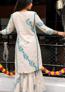 Cream Kurta Set with Blue Embroidery