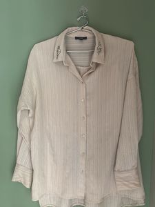 Elegant Beige Embellished Collar Top